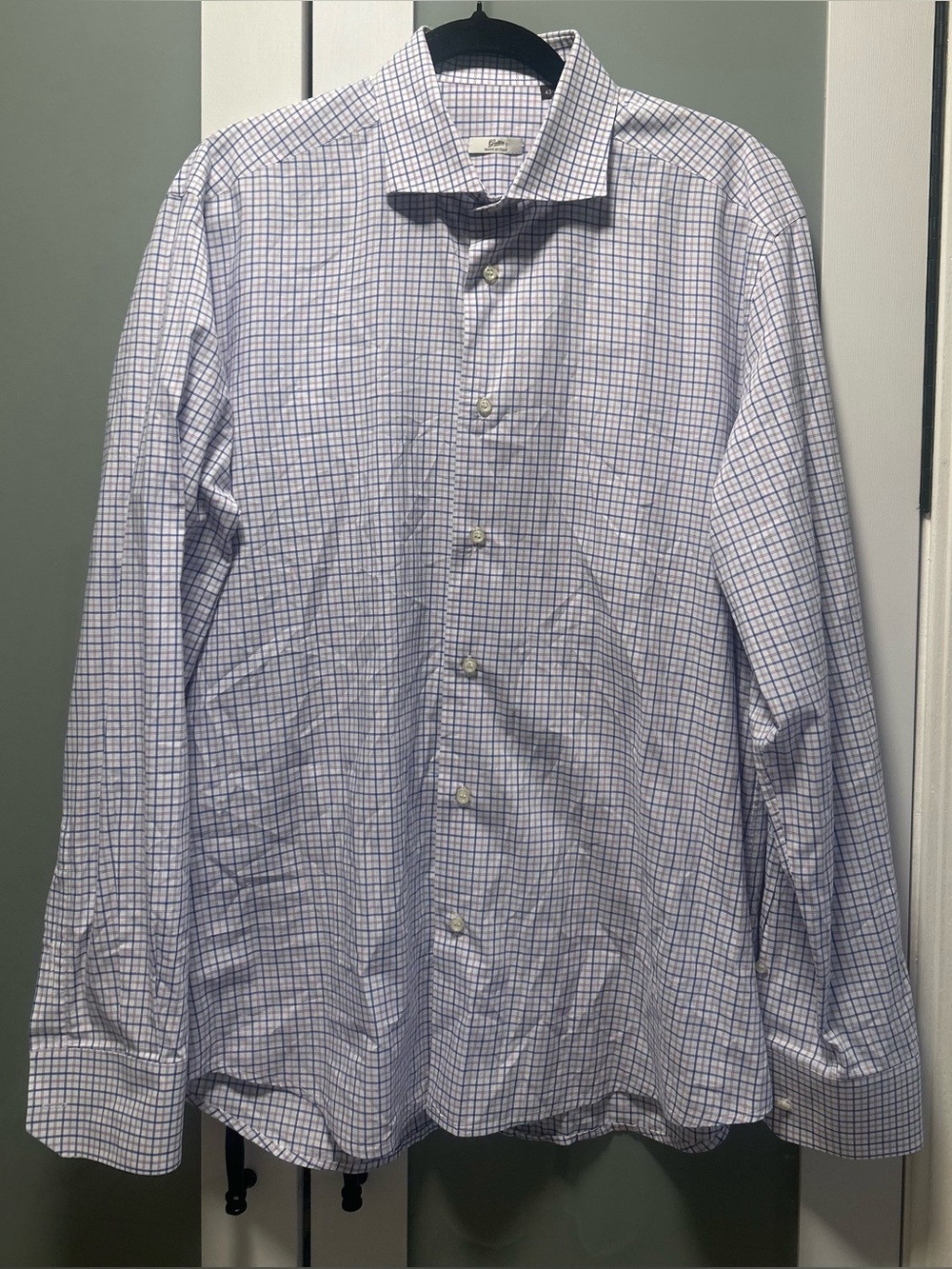 Gallia Men's Blue and White Plaid Dress LS  Shirt Size 43-17. Made in Italy.